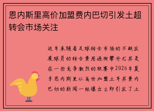 恩内斯里高价加盟费内巴切引发土超转会市场关注 恩内斯里高价加盟费内巴切引发土超转会市场关注